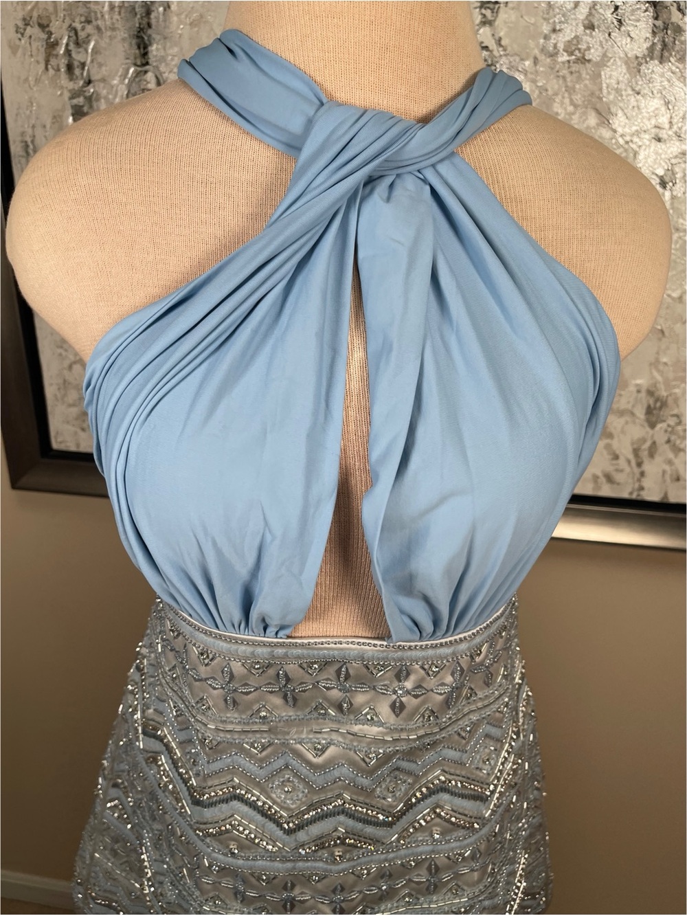 DES PHEMMES Sequin Embellished Halterneck
Blue Mini Dress Size Large - Picture 4 of 11